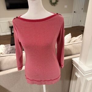 Ralph Lauren beautiful Dark Pink w/White Stripe Round Neck Top 3/4 Sleeve sz M